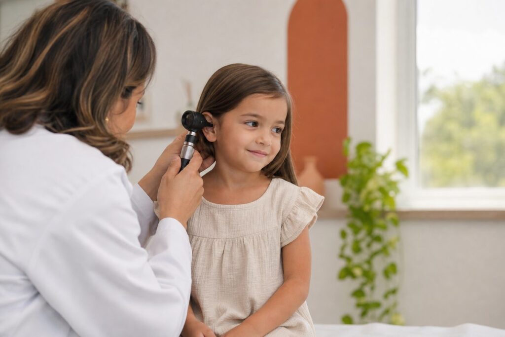 Pediatra examinando o ouvido de uma criança com otoscópio durante avaliação de otite