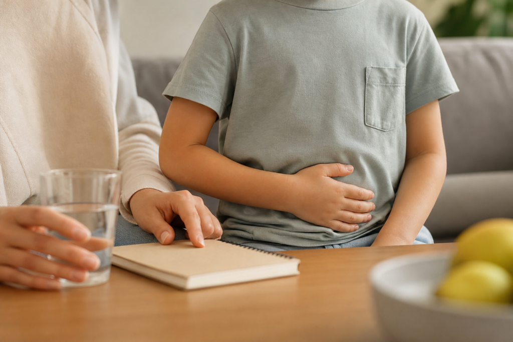Criança com a mão sobre a barriga ao lado de cuidador que registra os sintomas